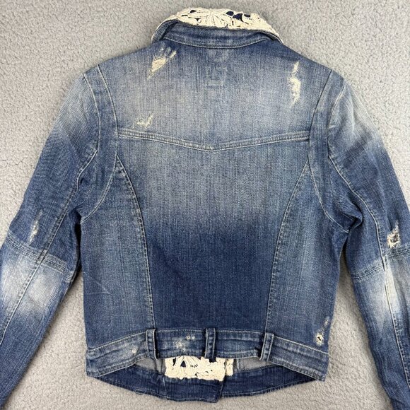 Guess Jacket Womens Extra Small XS Blue Sveva Denim Jean Lace Trim Distressed - Picture 3 of 11